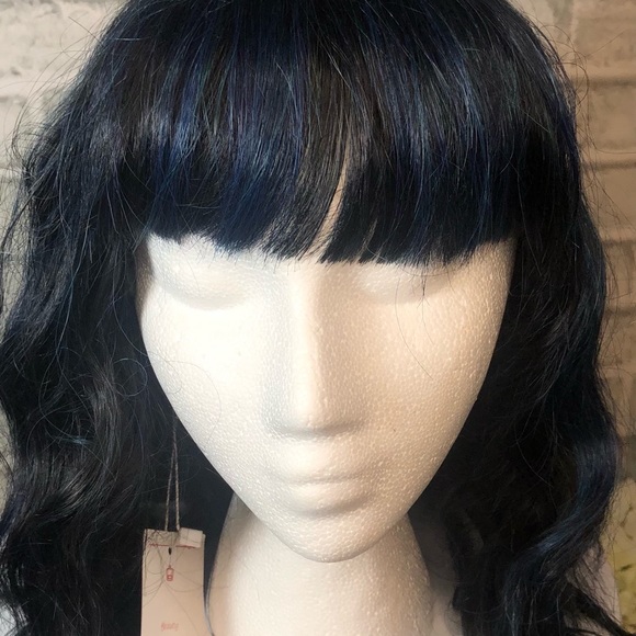 Black with Blue Highlights Shoulder Length Wavy Wig with Blunt Cut Bangs - Picture 3 of 7